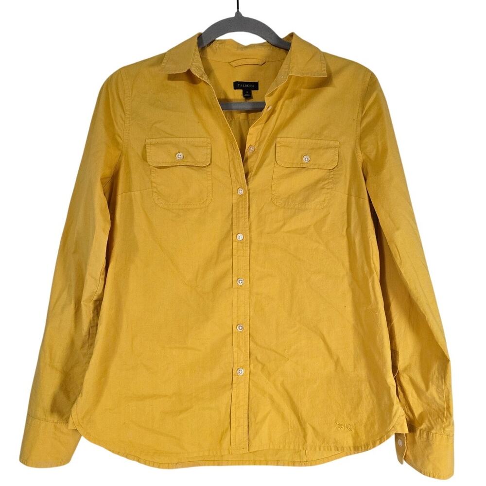 Talbots Womens 4 Yellow Cotton Button Down Shirt Utility Pocket Casual Preppy